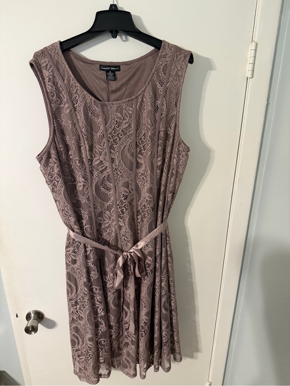 Sleeveless Lace Midi Dress with Satin Waist Tie - Mauve Taupe